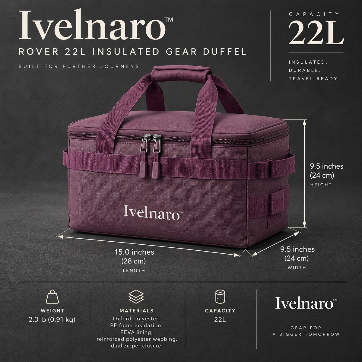 Ivelnaro™ Rover 22L Insulated Gear Duffel